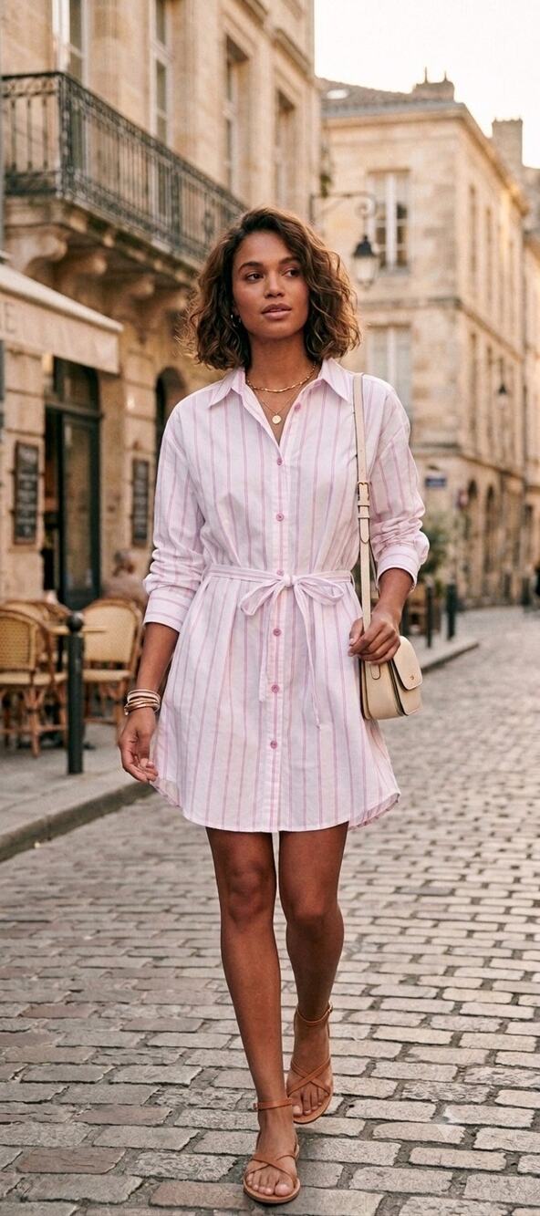 Cinq a Sept White Pink Stripe Cotton Blend Shirt Dress US 14